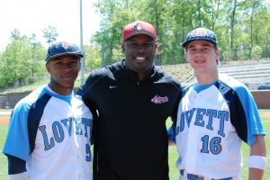 The showcase experience has helped Lovett High School players Grant Haley, left, a Vanderbilt recruit, and Drew Williams, far right, a rising senior (shown with CJ Stewart). 